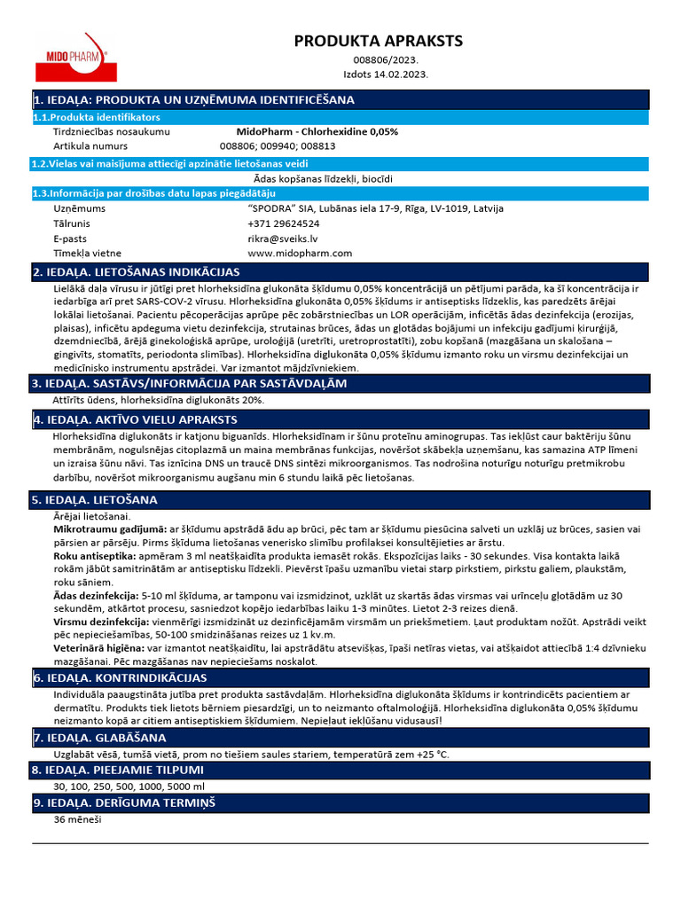 Apraksts Chlorhexidine 0,05 | PDF