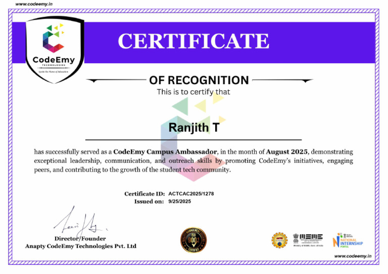 Ranjith T Campus Ambassador Certificate - CodeEmy Technologies! | PDF