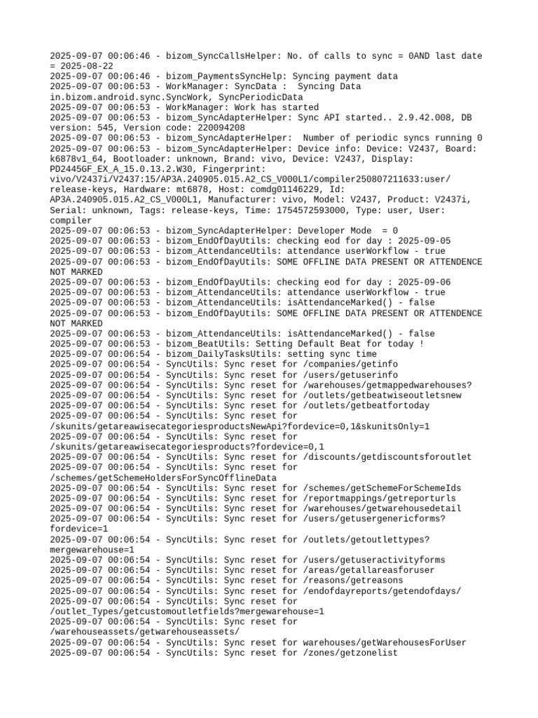 Bizom Sync Log Analysis 2025-09-07 | PDF