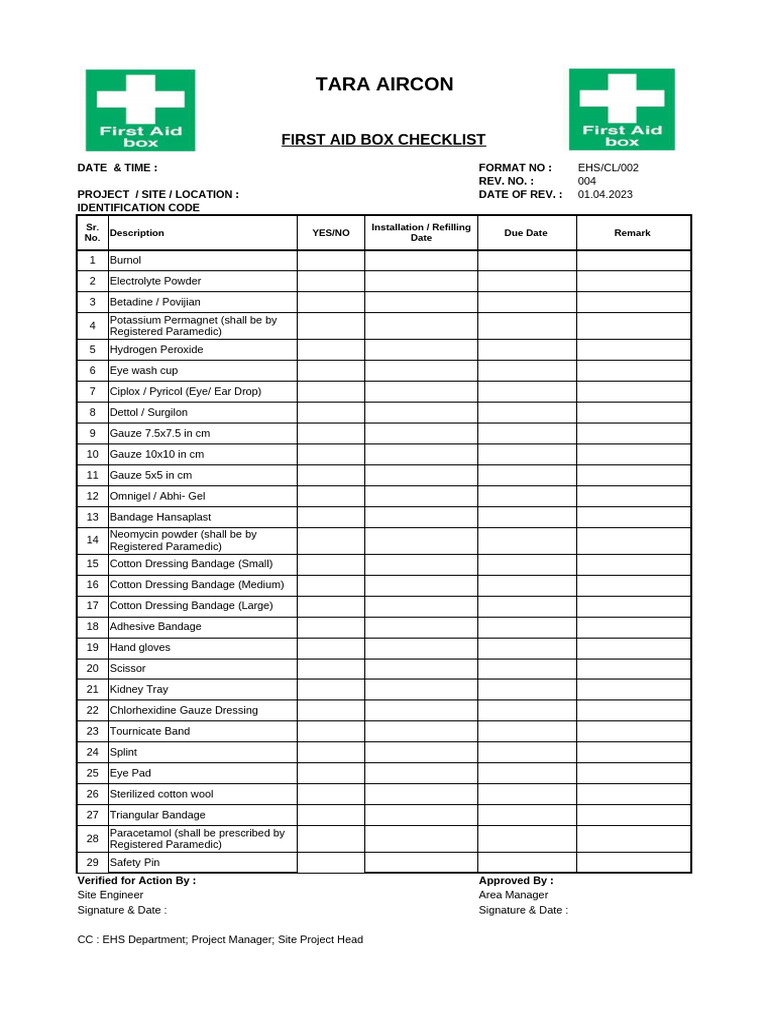 First Aid Box Checklist Template | PDF | First Aid