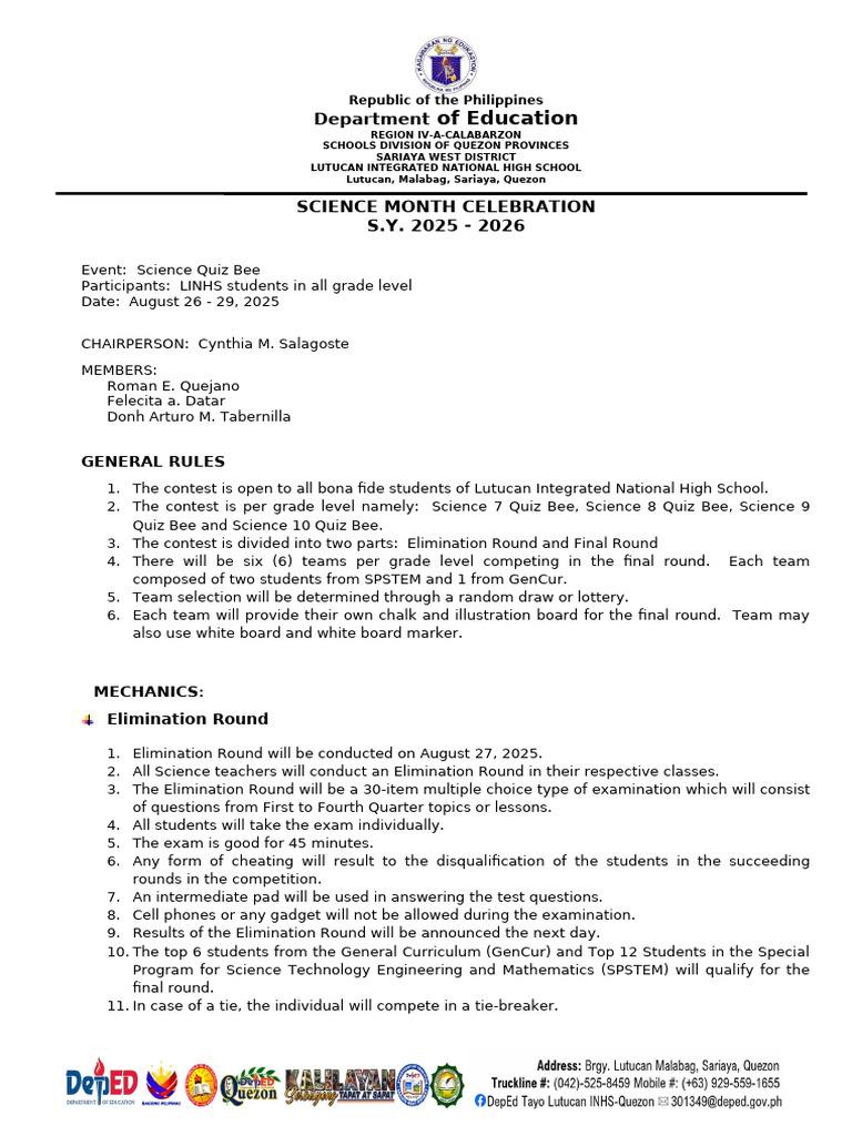 Science Quiz Bee Guidelines 2025 | PDF | Multiple Choice