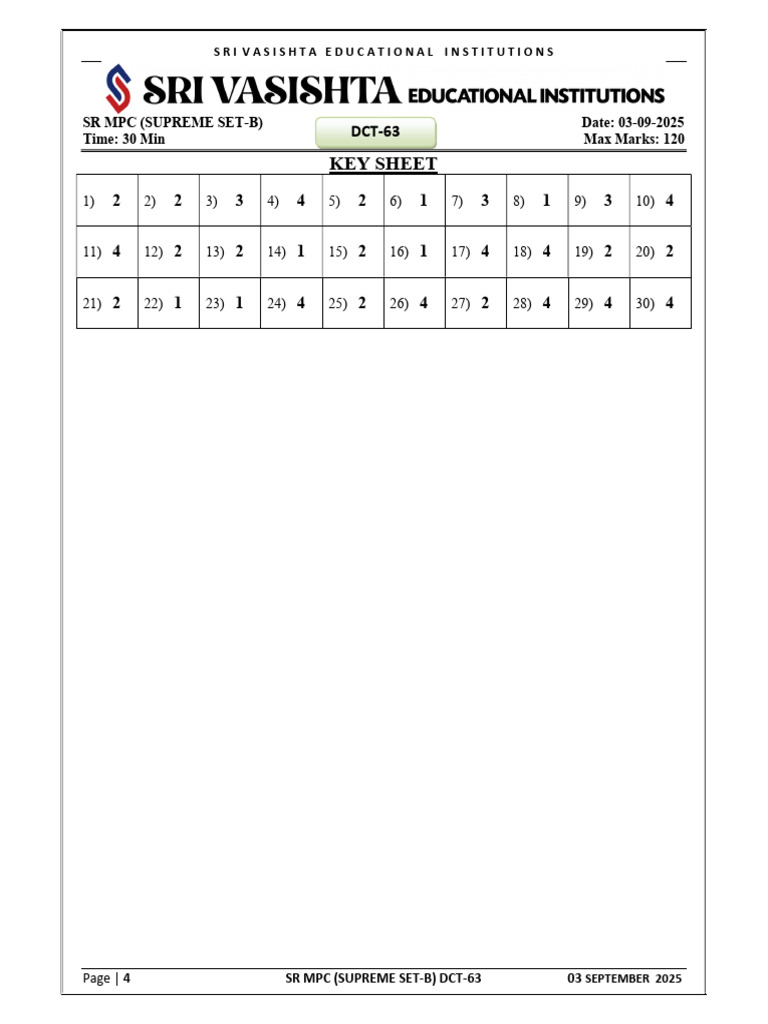 SR MPC (Supreme Set-B) Dct-63 - Ex DT - 03!09!2025 - Key Sheet | PDF