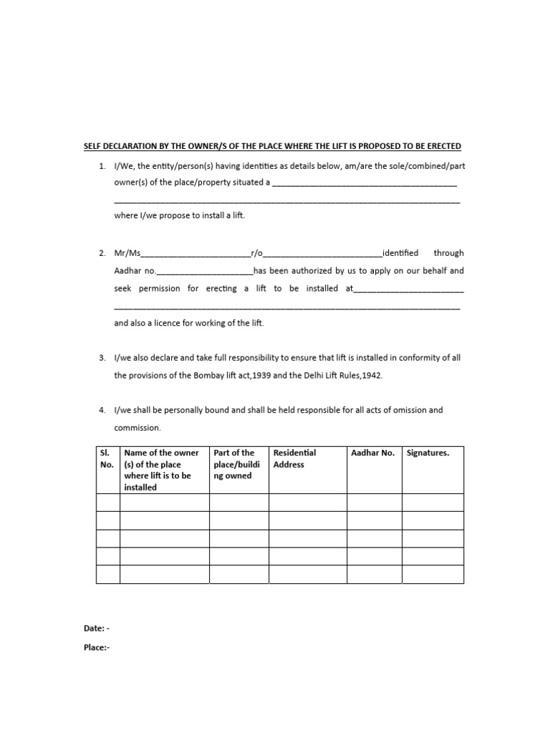 Self Declaration for Lift Installation | PDF