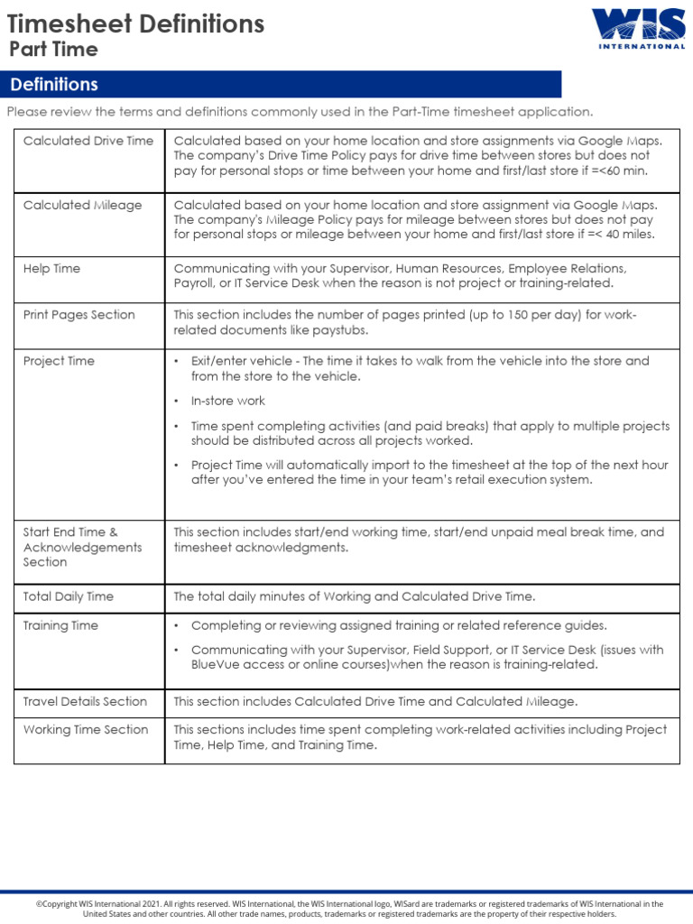 Part-Time Timesheet Definitions Guide | PDF