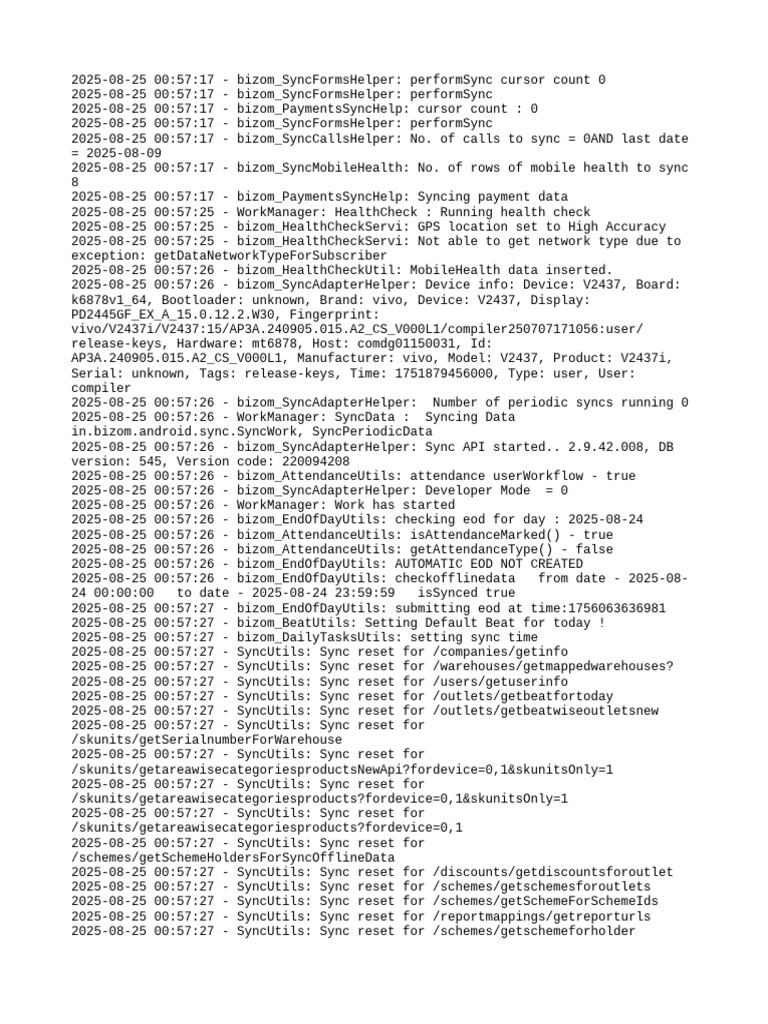 Bizom Sync Log Analysis 2025 | PDF
