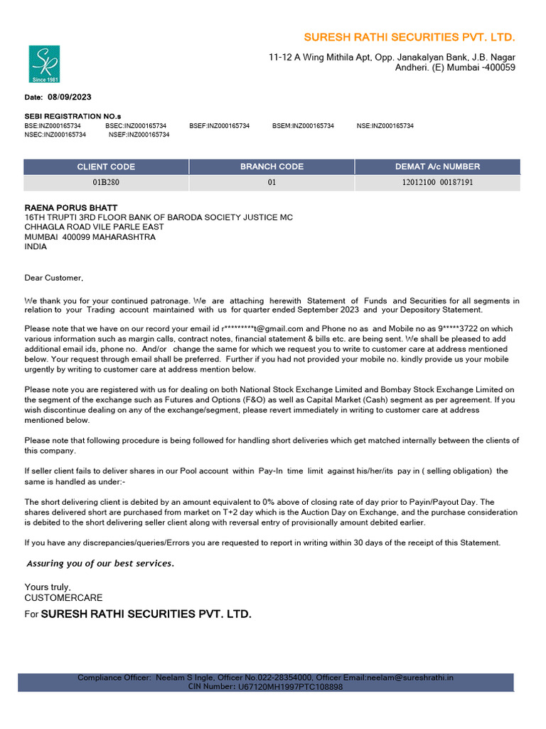 Suresh Rathi Securities Pvt. LTD.: Client Code Branch Code Demat A/C ...
