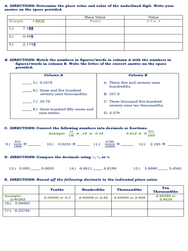 Decimal Place Value and Conversion Exercises | PDF | Numbers | Arithmetic