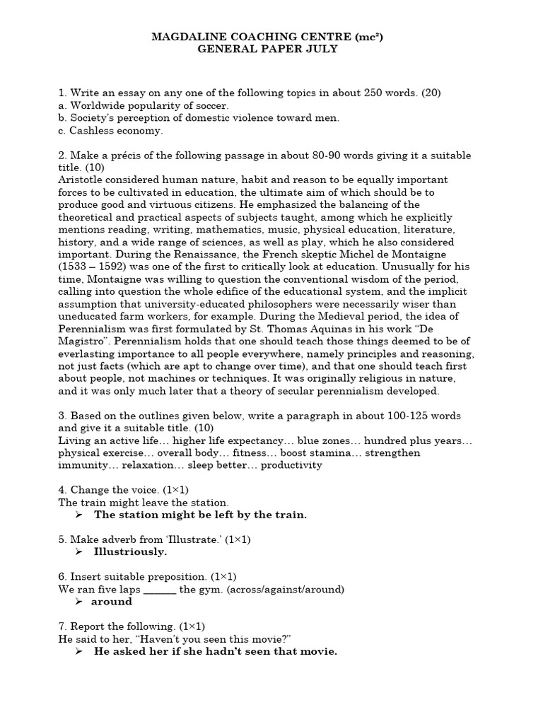 General Paper July Exam Topics and Questions | PDF | Reason | Wisdom