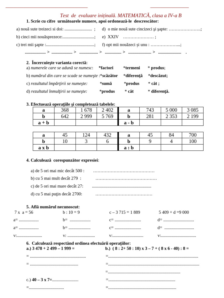 Initiala Mate Clasa A Iva | PDF