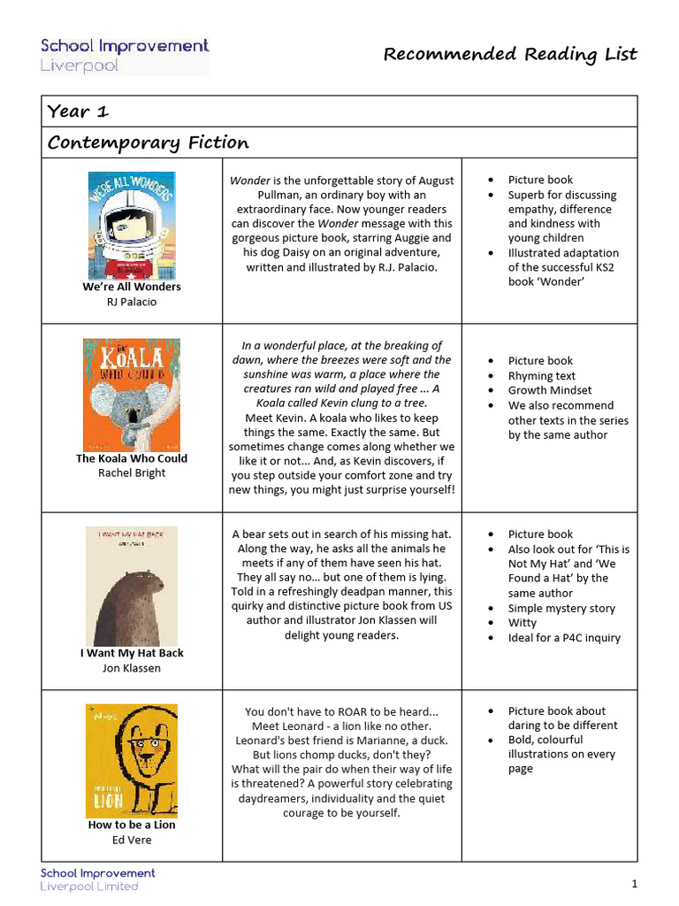 Year 1 Recommended Picture Books | PDF | Picture Book | Children's ...