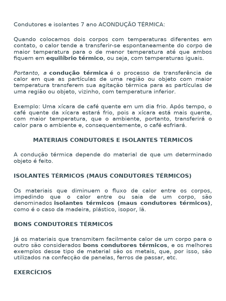 Condutores e Isolantes Térmicos 7º Ano | PDF | Calor | Condução térmica
