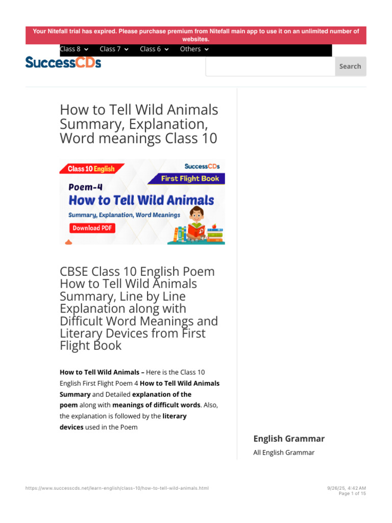 How To Tell Wild Animals Summary, Explanation, Word Meanings Class 10 ...
