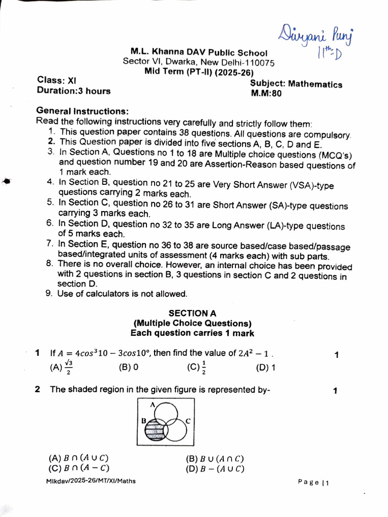 Class XI Mathematics Mid Term Paper 2025-26 | PDF