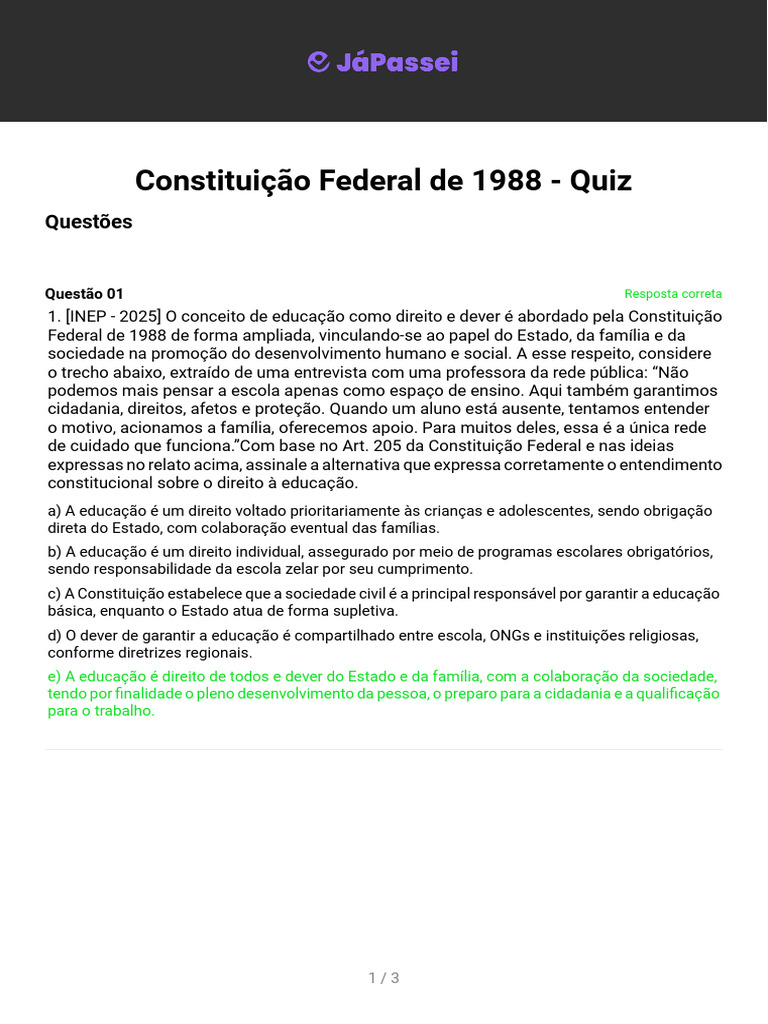 Quiz sobre a Educação na Constituição de 1988 | PDF | Constituição ...