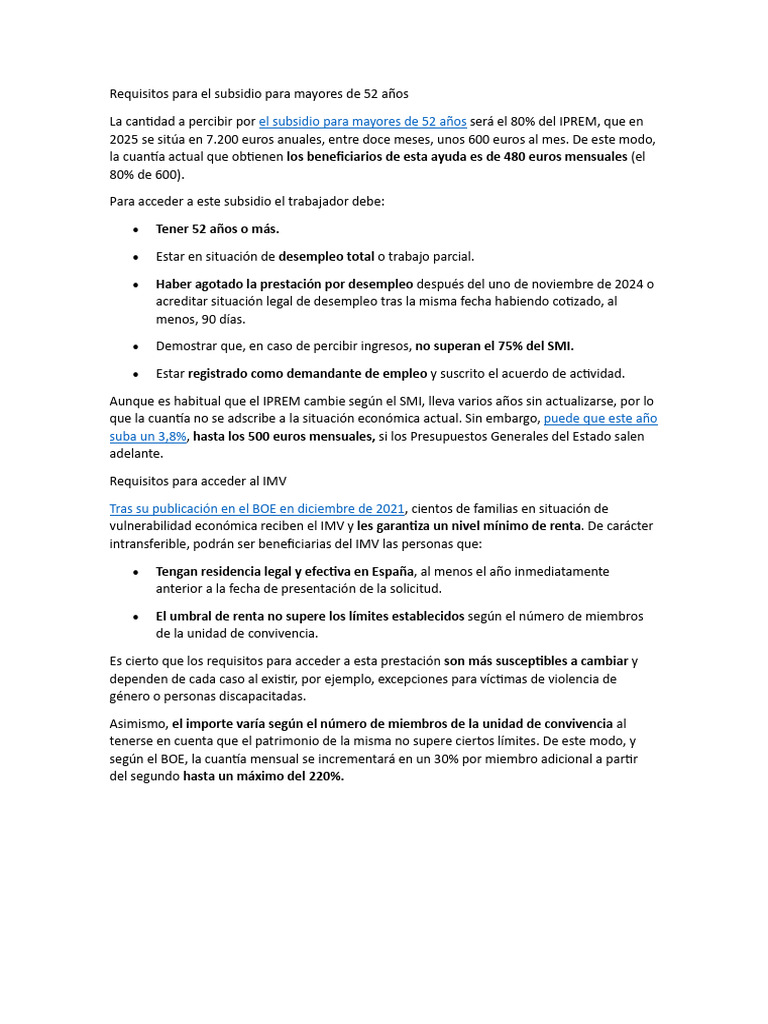 Subsidio para mayores de 52 años: requisitos | PDF