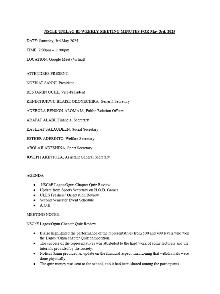 NSChE UNILAG Meeting Minutes - May 2025 | PDF | Human Communication