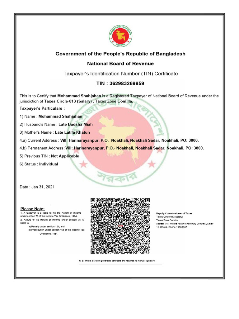 TIN Certificate for Mohammad Shahjahan | PDF