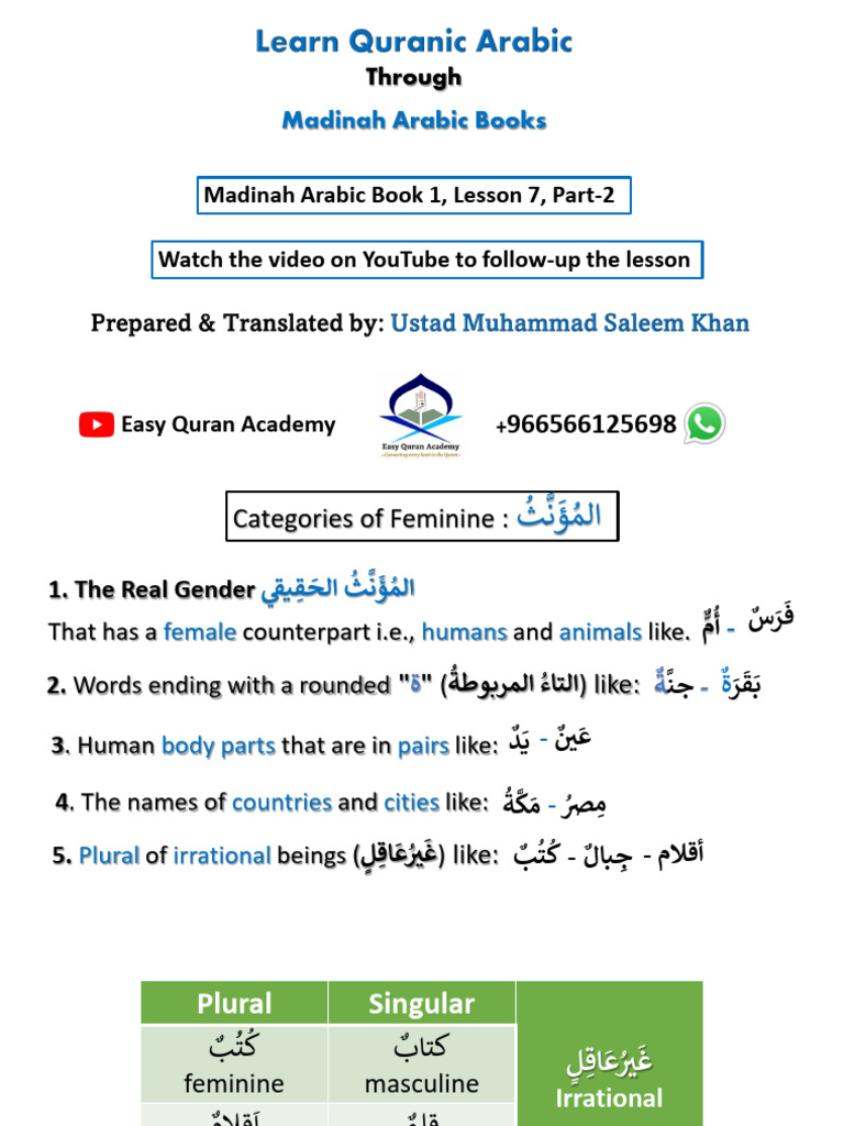 Basic Arabic 23 Lesson 07-2 | PDF | Grammatical Gender | Plural