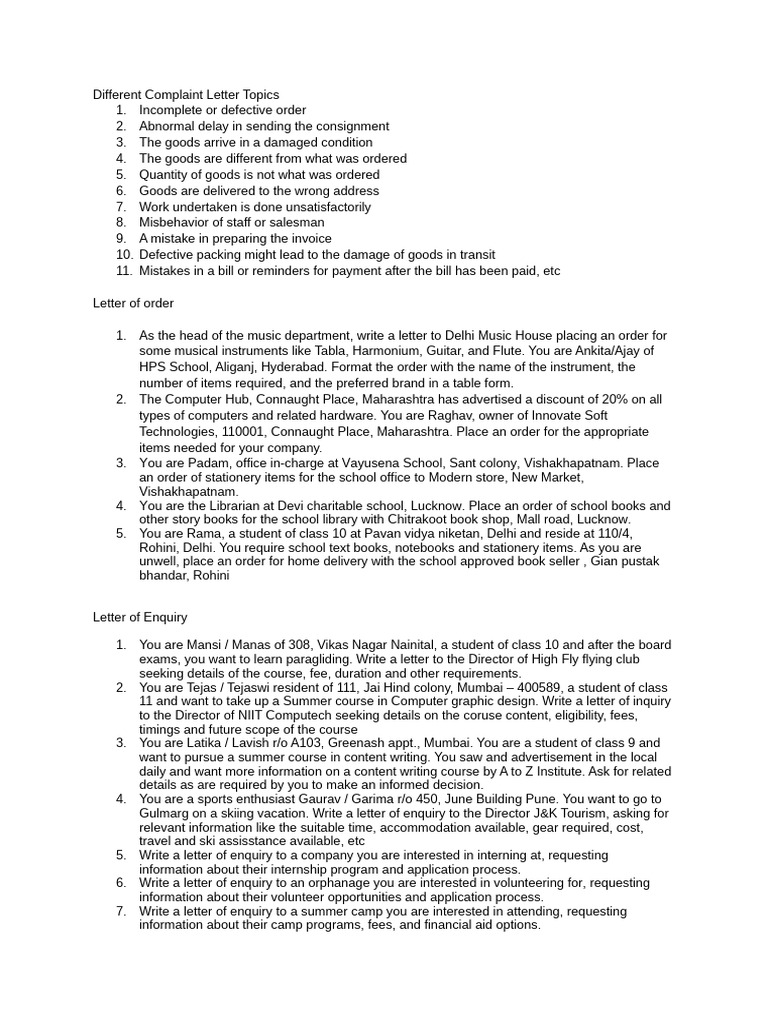 Complaint and Inquiry Letter Topics | PDF
