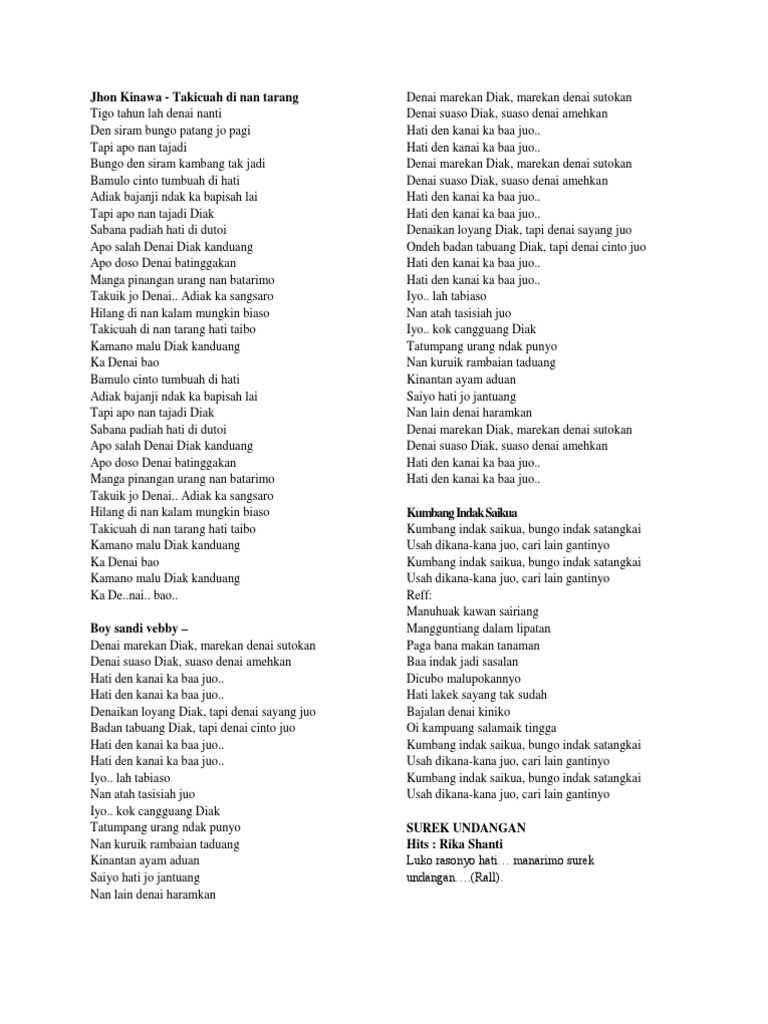 Lirik Lagu Minang Oli