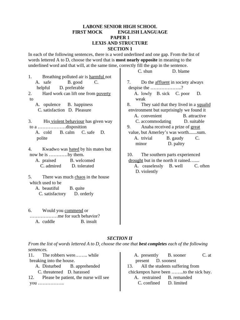 English Mock One 2023 Paper 1 | PDF