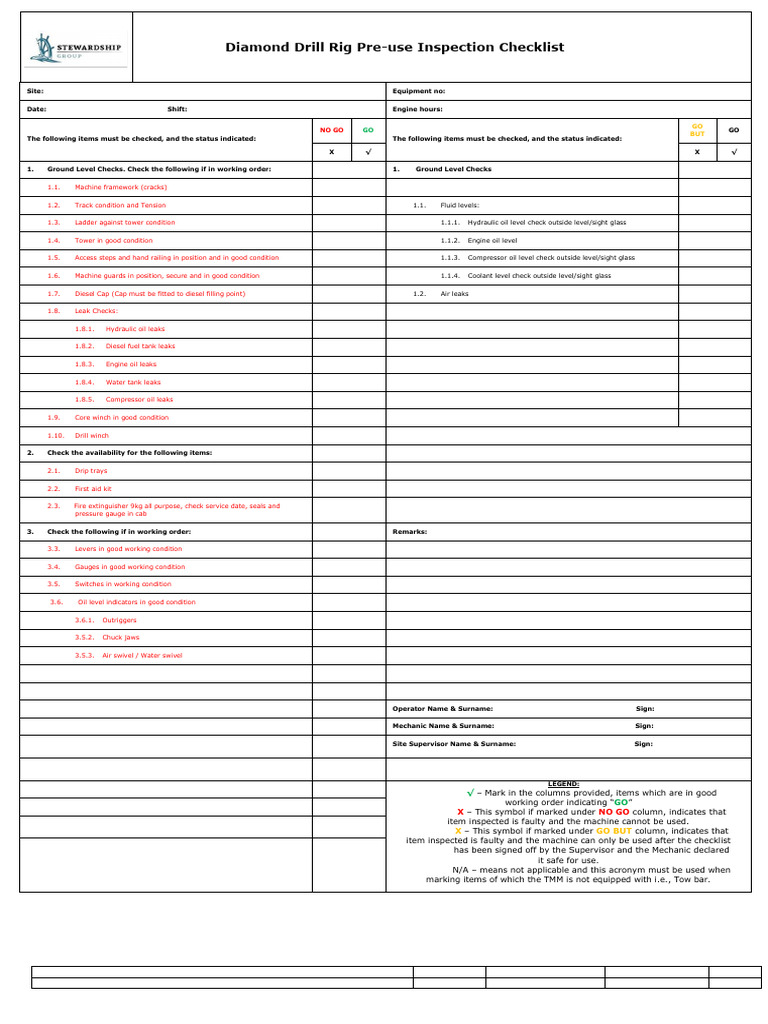 DC Drill Rig Pre-Use Checklist | PDF | Mechanical Engineering