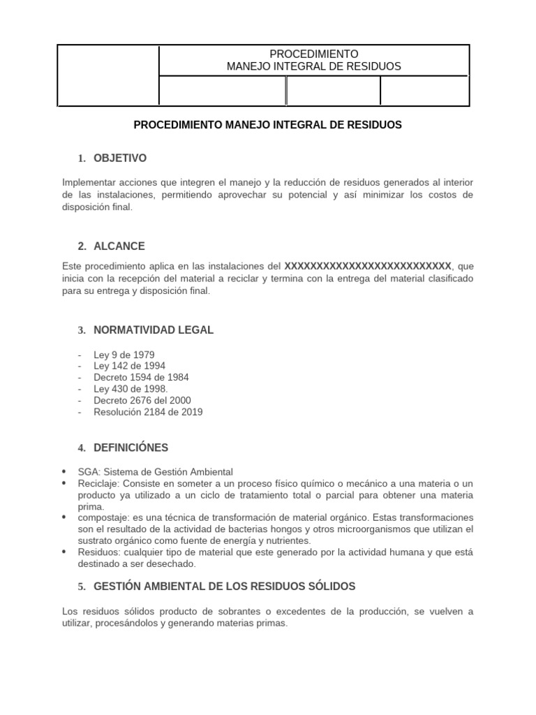 Procedimiento de Manejo de Residuos | PDF | Residuos | Reciclaje
