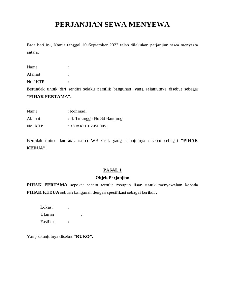 Perjanjian Sewa Ruko Bandung 2022 | PDF