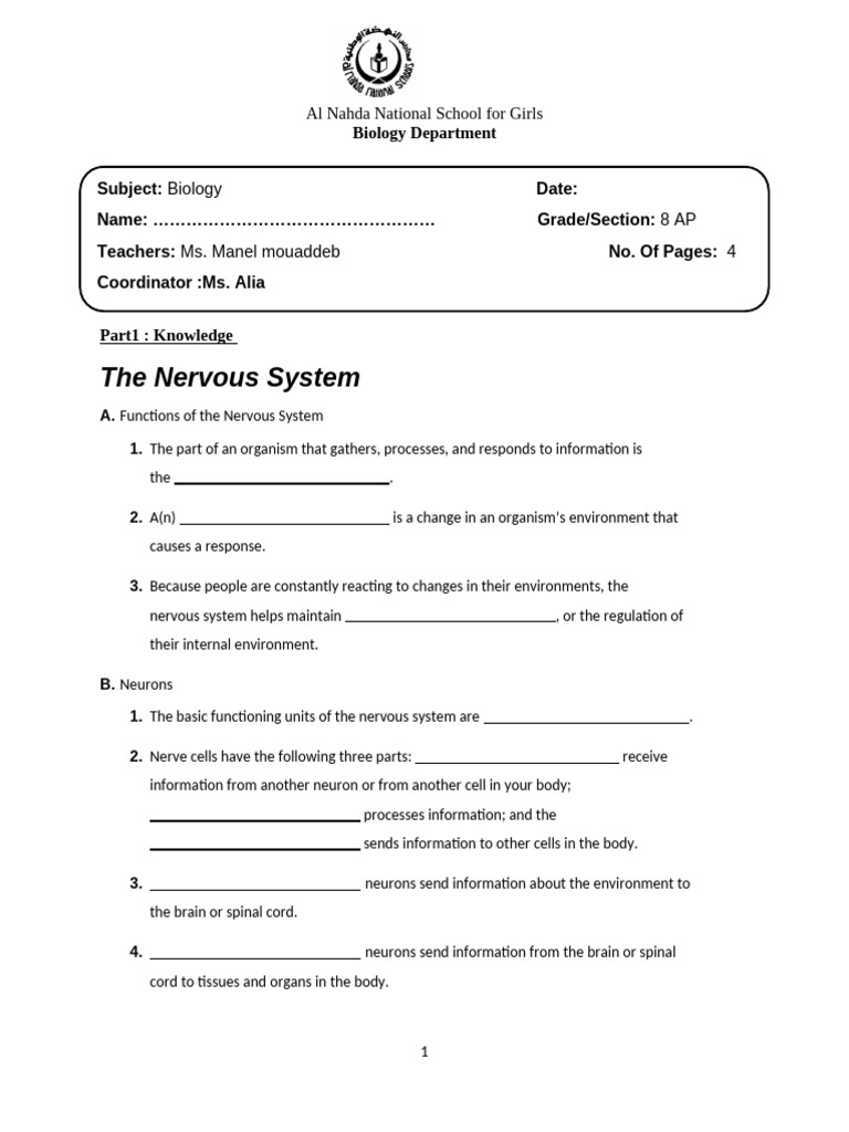 Week 7 Worksheet Lesson 1 The Nervous System | PDF | Central Nervous ...