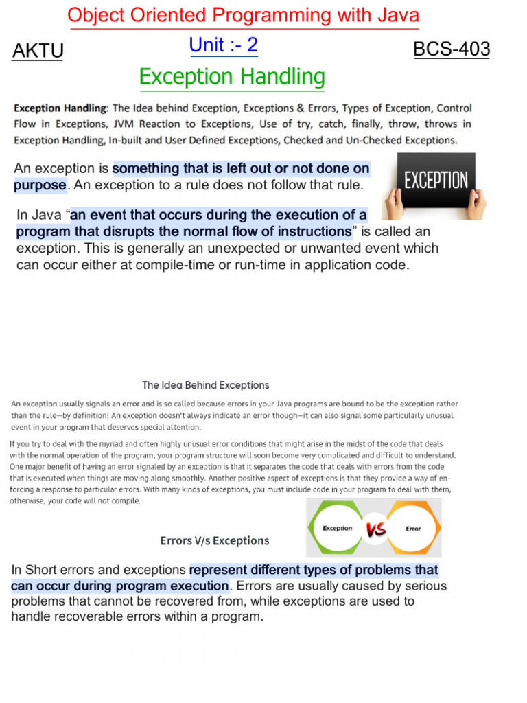 OOPS With Java Unit 2 - Notes for Java Unit 2 - Unit _- 2 Exception ...