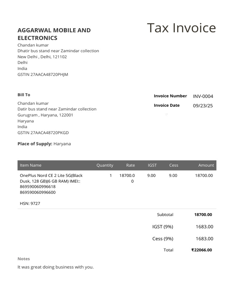 Invoice for OnePlus Nord CE 2 Lite 5G | PDF