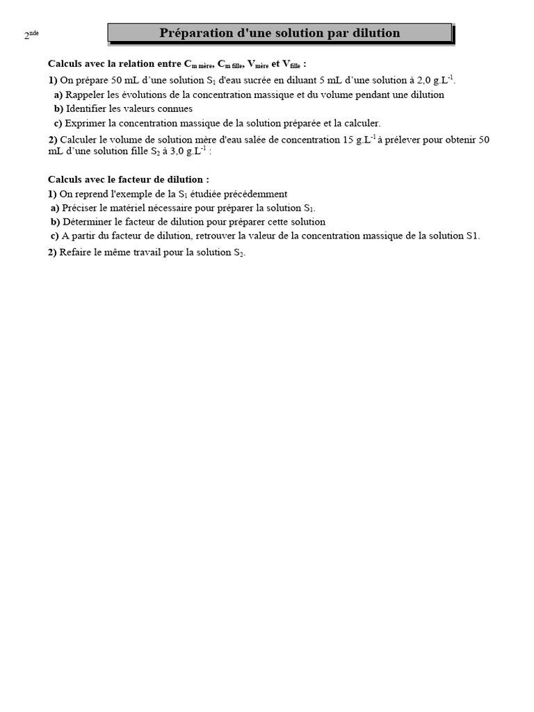 Calculs de dilution en chimie 2nde | PDF