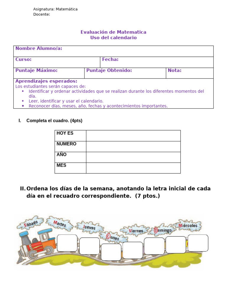 Evaluación de Matemáticas: Calendario y Días | PDF | Calendario