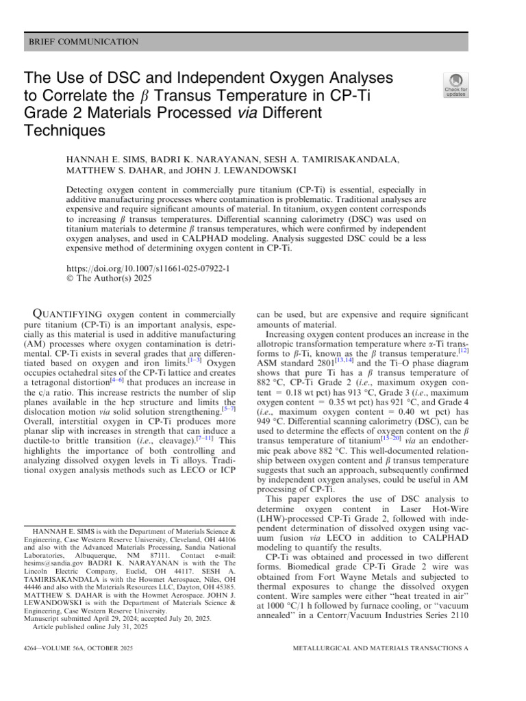 The Use of DSC and Independent Oxygen Analyses To Correlate The B ...