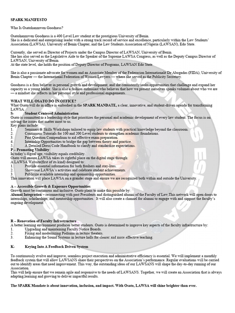 Osatohanmwen Goodness: SPARK Mandate for LAWSA | PDF | Learning