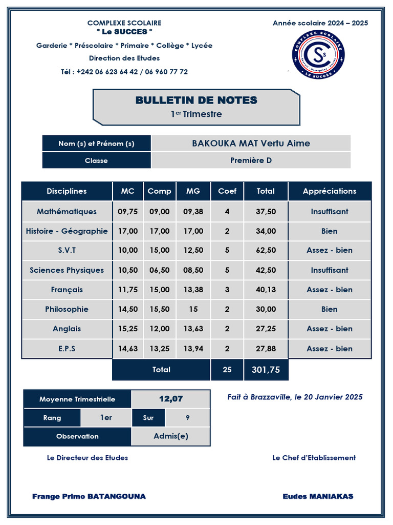 Bulletin de notes Première D 2024-2025 | PDF | Enseignement des Arts ...