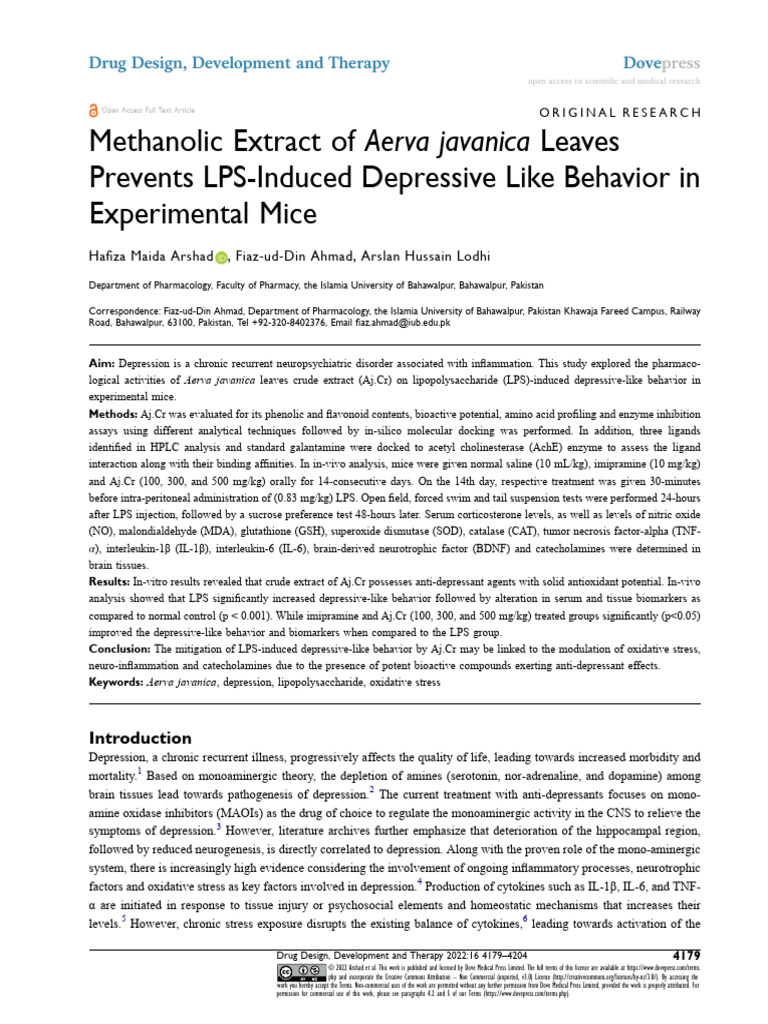 Aerva javanica Extract Alleviates Depression | PDF | Polyphenol | High ...