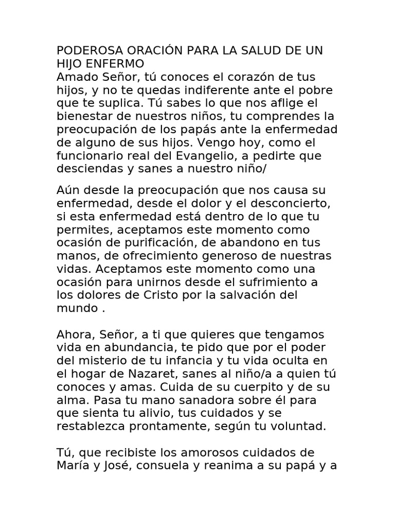 Poderosa Oración para La Salud de Un Hijo Enfermo | PDF | María, madre ...
