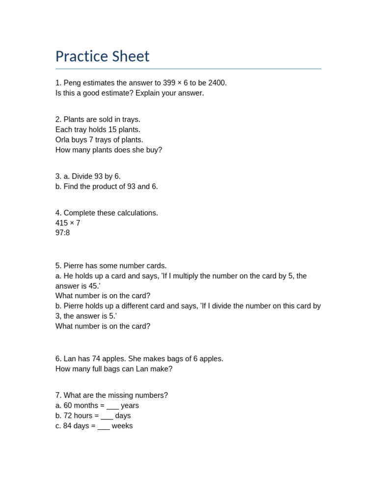 Math Practice Sheet for Estimation and Operations | PDF