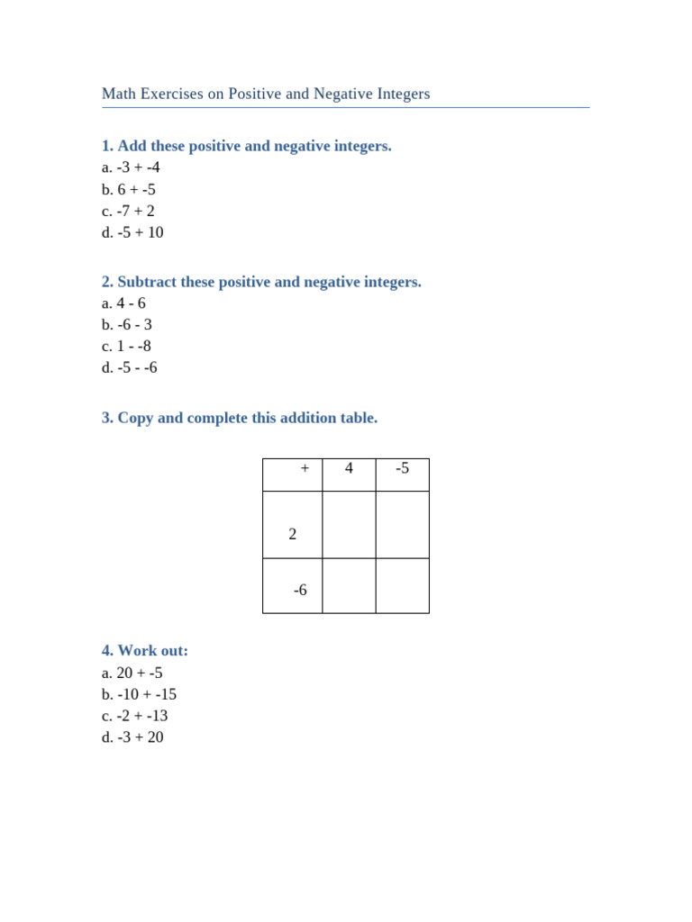 Class 5 Integer Math Worksheet | PDF