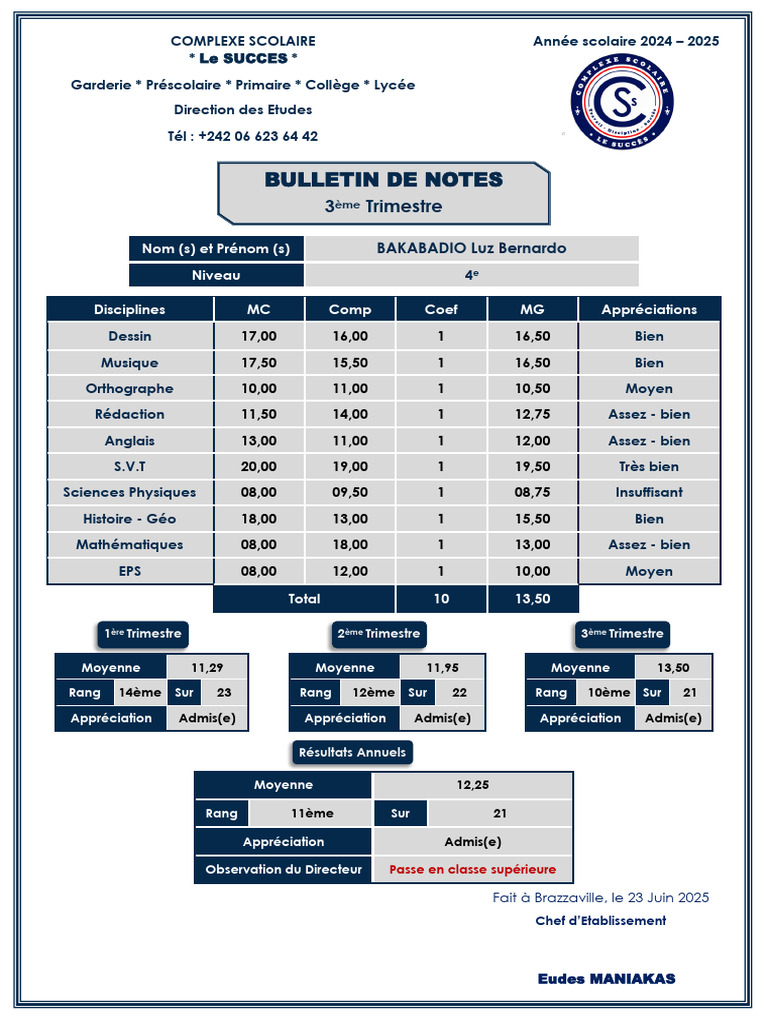 Bulletin de notes 4e - Année 2024-2025 | PDF | Mathématiques | la ...