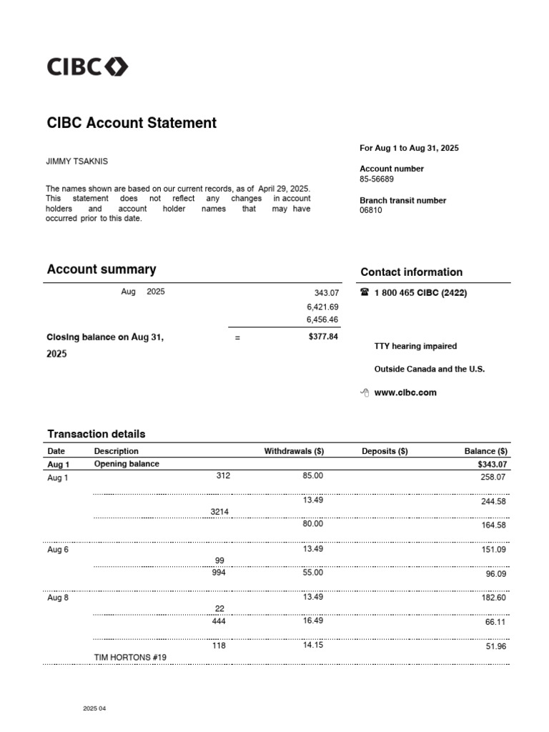 CIBC Account Statement: Aug 2025 | PDF | Debit Card | Visa Inc.