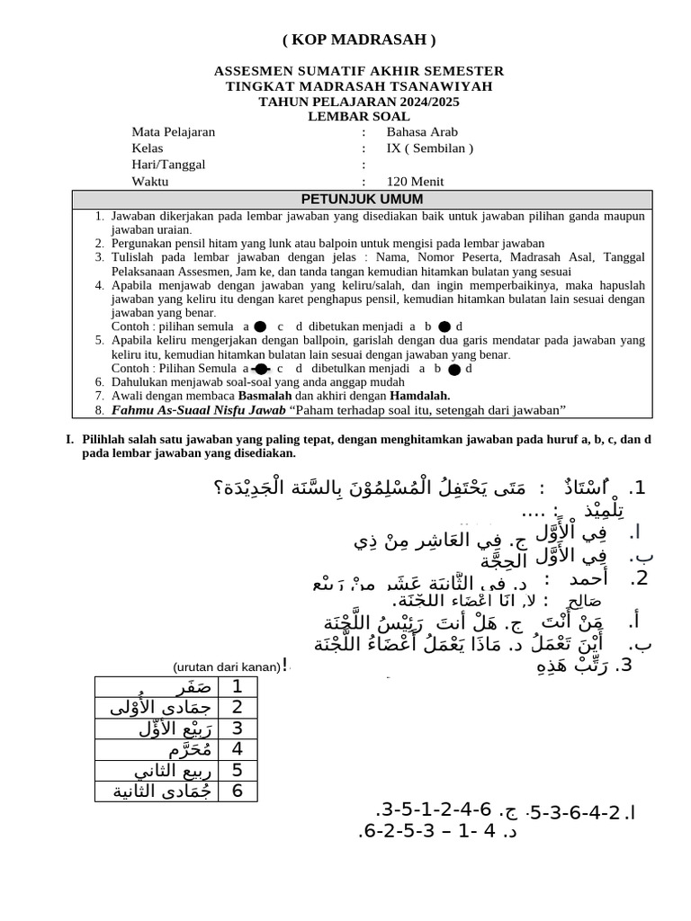 Soal Ujian Bahasa Arab Kelas IX | PDF
