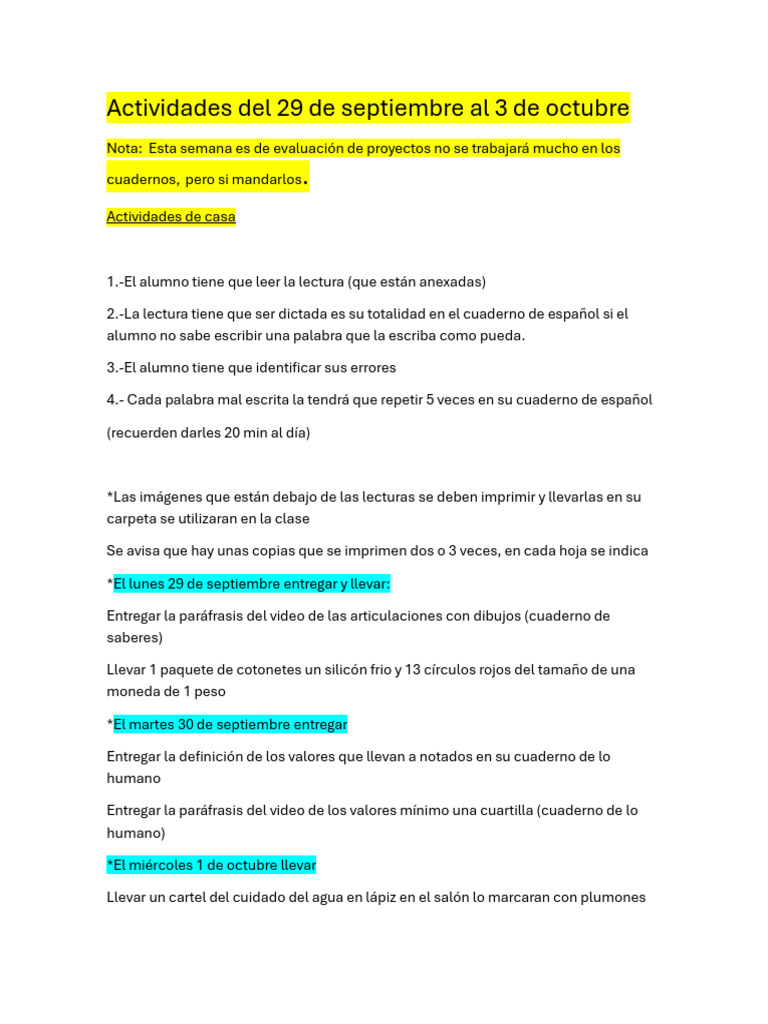 Actividades Del 29 de Septiembre Al 3 de Octubre | PDF