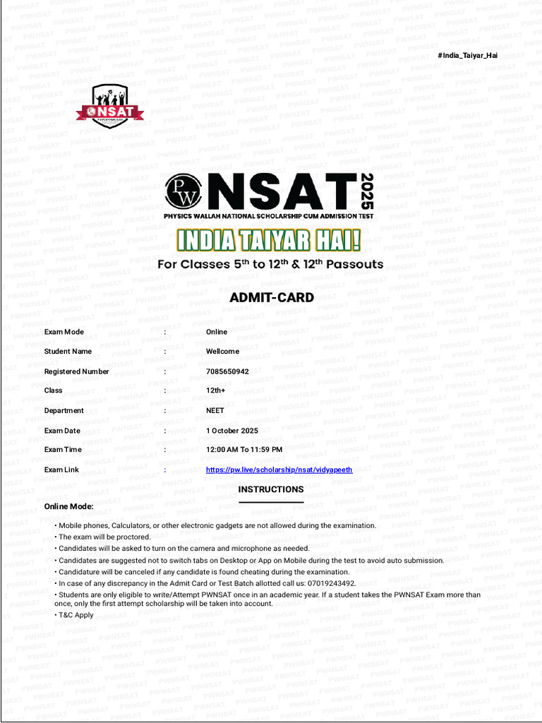 Vidyapeeth PWNSAT Wellcome Admit Card | PDF