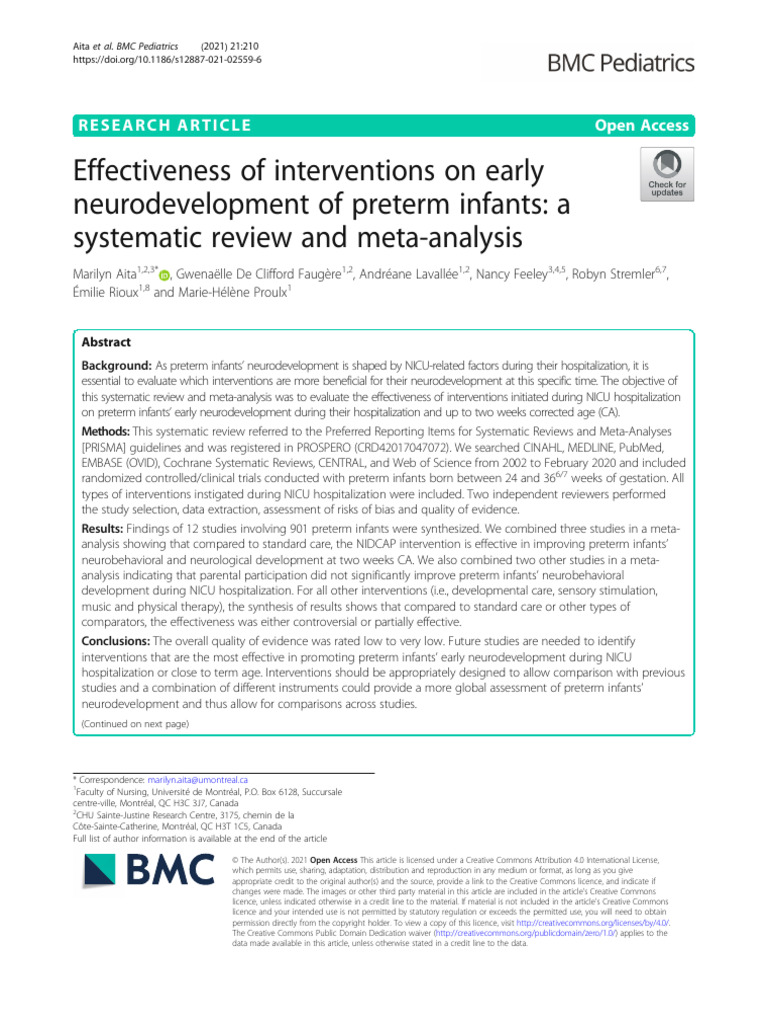 Effectiveness of Interventions On Early Neurodevelopment of Preterm ...