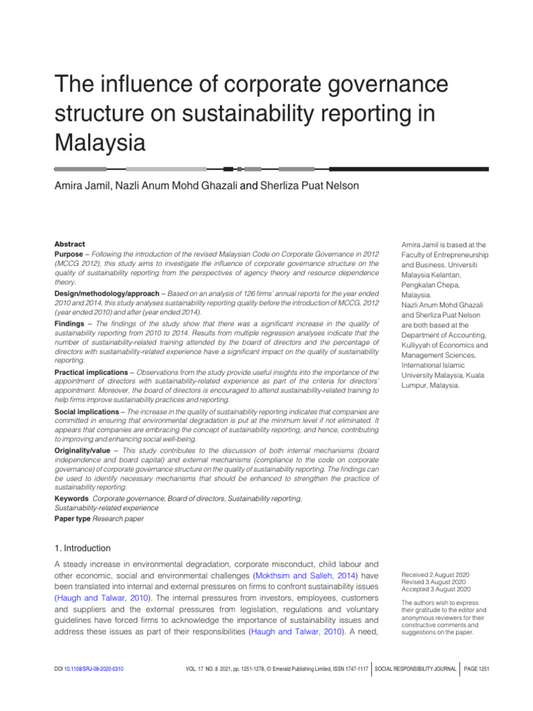 Corporate Governance and Sustainability Reporting in Malaysia | PDF ...