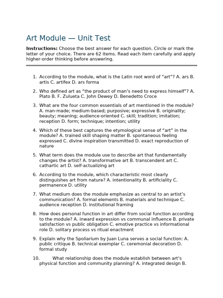 Art Module - Test (Printable) With Answer Key | PDF | Composition ...