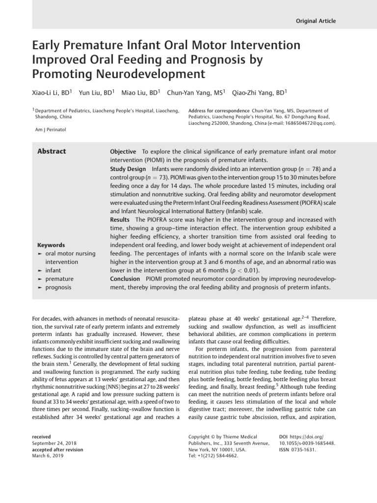 Early Oral Motor Intervention for Preterm Infants | PDF | Preterm Birth ...
