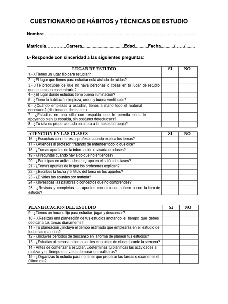 Cuestionario de Hábitos de Estudio | PDF